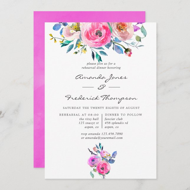 Hot-Pink Floral Wedding Rehearsal Dinner Invitation (Front/Back)