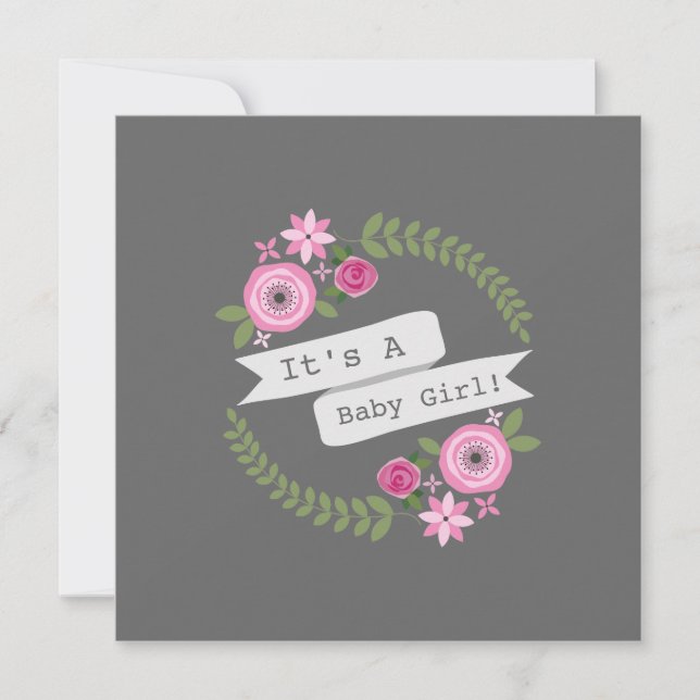 Hot Pink Floral Wreath & Banner Girl Baby Shower Invitation (Front)