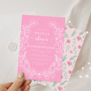 Hot pink floral wreath elegant boho bridal shower invitation