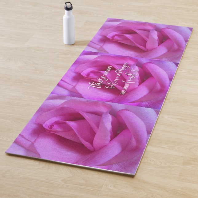 Hot Pink Flower Believe in Magic Quote Script Bold Yoga Mat (In Situ)