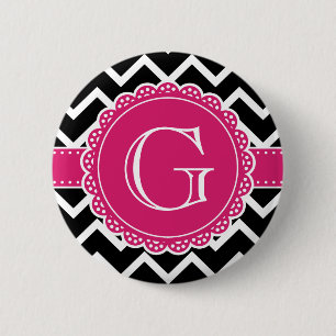 Hot Pink Flower Monogram Black Chevron 2 Inch Round Button