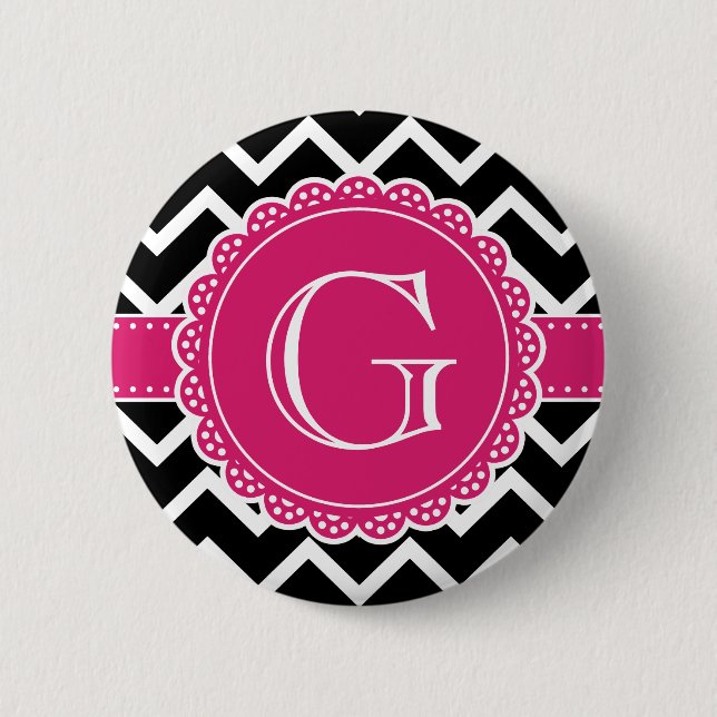 Hot Pink Flower Monogram Black Chevron 2 Inch Round Button (Front)
