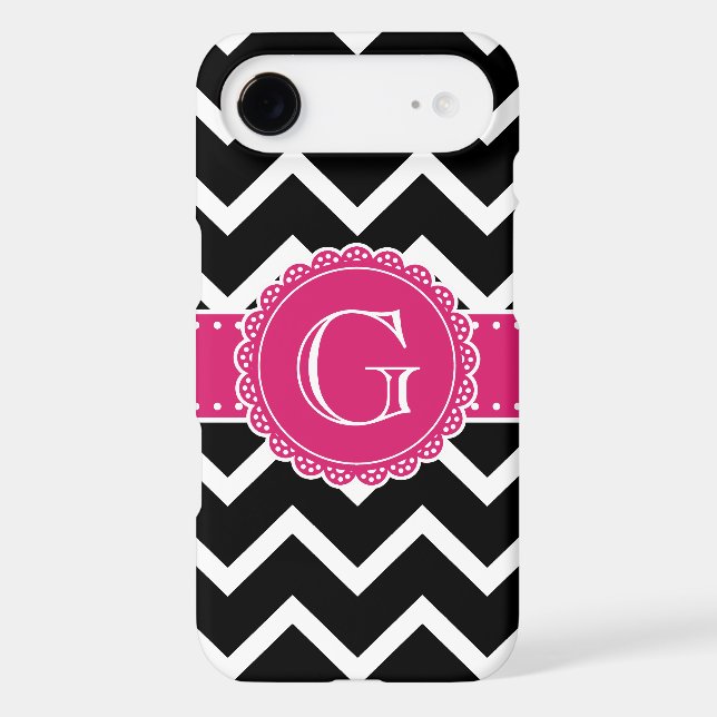 Hot Pink Flower Monogram Black Chevron Case-Mate iPhone Case (Back)