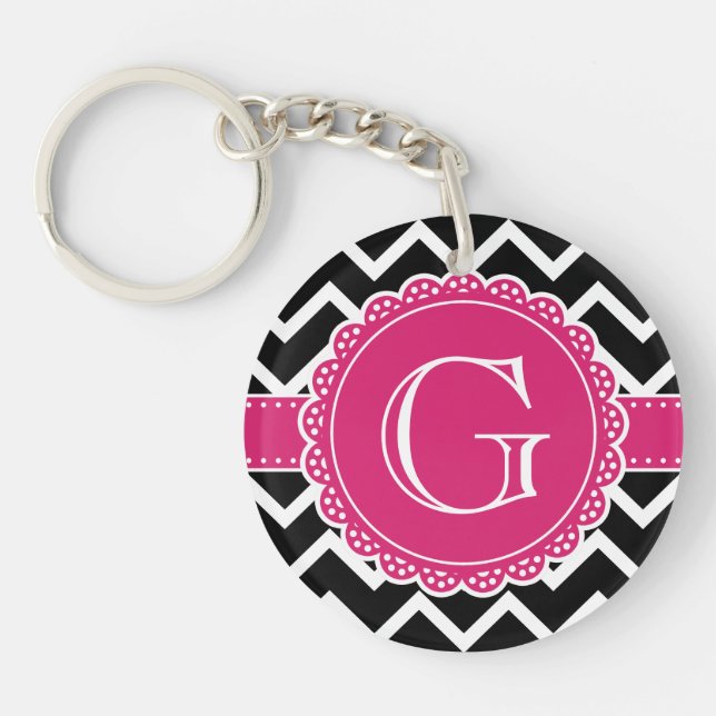 Hot Pink Flower Monogram Black Chevron Keychain (Front)