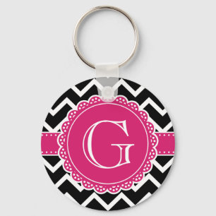 Hot Pink Flower Monogram Black Chevron Keychain