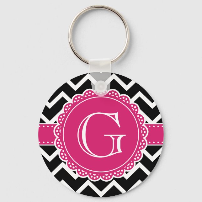 Hot Pink Flower Monogram Black Chevron Keychain (Front)