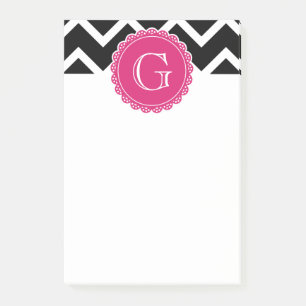 Hot Pink Flower Monogram Black Chevron Post-it Notes
