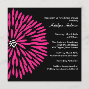Hot Pink Flower on Black Bridal Shower Invitation