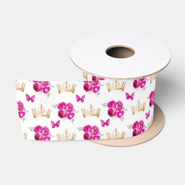 Hot Pink Flowers and Gold Crowns Satin Ribbon (Spool)