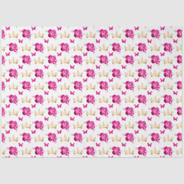Hot Pink Flowers and Gold Crowns Tissue Paper (Front)
