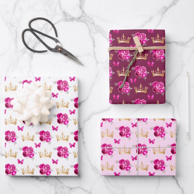 Hot Pink Flowers and Gold Crowns Wrapping Paper Sheet (Front)