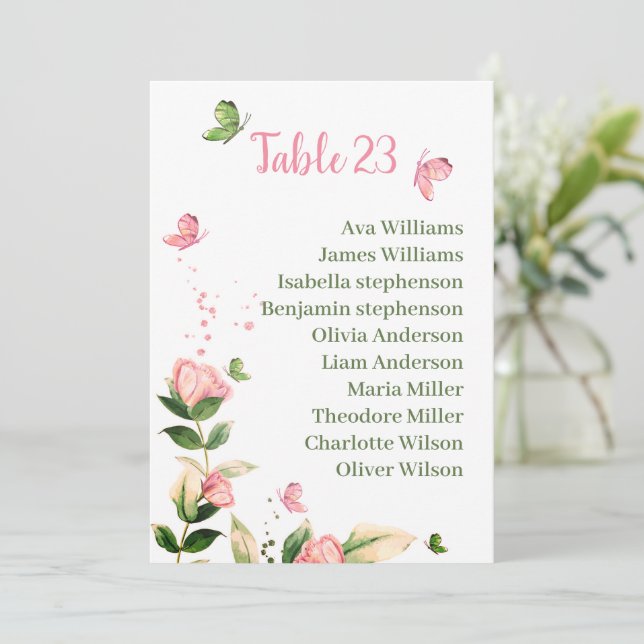 hot pink flowers butterflies seating chart card (Standing Front)