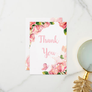 hot pink flowers butterflies wedding thank you card