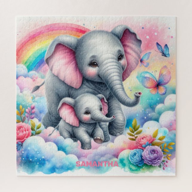 Hot pink flowers cute baby elephant and mommy jigsaw puzzle (Vertical)