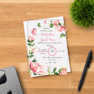 hot pink flowers green leaves butterflies wedding acrylic invitations