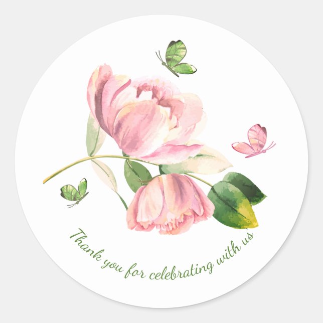 Hot pink flowers green leaves butterflies wedding classic round sticker (Front)