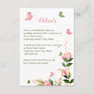 Hot pink flowers green leaves butterflies wedding  enclosure card