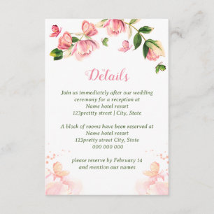 Hot pink flowers green leaves butterflies wedding  enclosure card