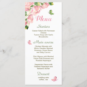 Hot pink flowers green leaves butterflies wedding menu