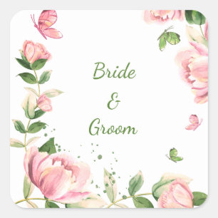 Hot pink flowers green leaves butterflies wedding square sticker