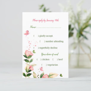 hot pink flowers green leaves butterfly RSVP card