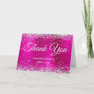 Hot Pink Foil Silver Glitter Sweet 16 Thank You Card