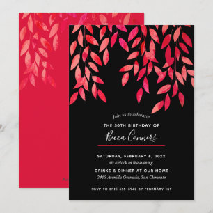 Hot Pink Foliage Black Birthday Invitations