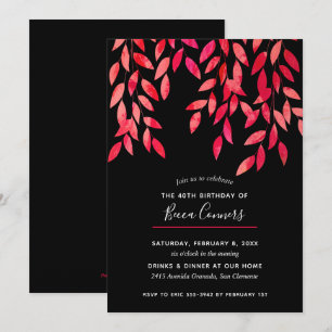 Hot Pink Foliage Black Birthday Invitations