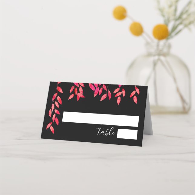 Hot Pink Foliage on Black Wedding Place Card (Front)