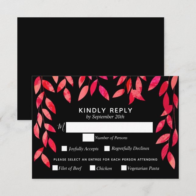 Hot Pink Foliage on Black Wedding RSVP Card (Front/Back)