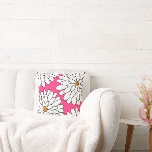 Hot Pink Four Hand Drawn Zinnias  Throw Pillow