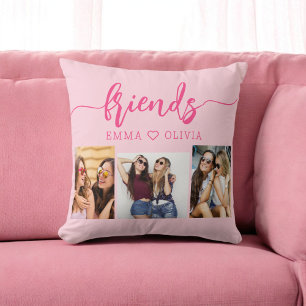 Hot Pink Friends 3 Photo Friendship Collage Throw Pillow