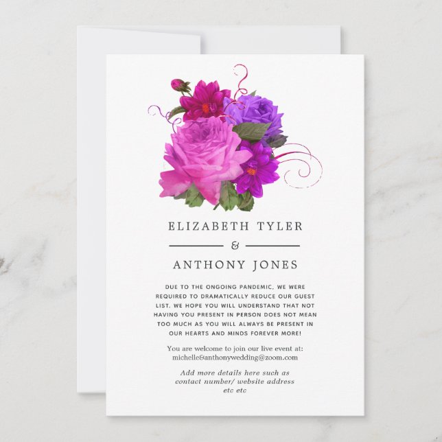 Hot-pink fuchsia Floral Wedding Reduced Guest List Announcement (Front)