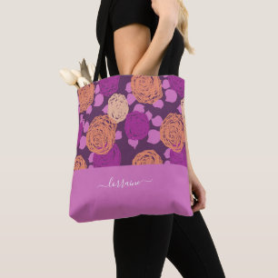 Hot Pink Fuchsia Roses Monogram Custom Name Tote Bag
