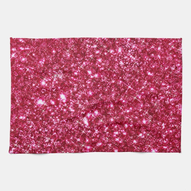 hot pink fuchsia tiny sequin glitter print kitchen towel (Horizontal)