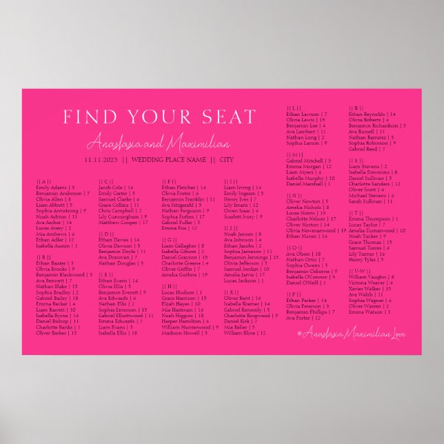 Hot Pink Fuchsia Wedding Alphabetical Seating Poster (Front)