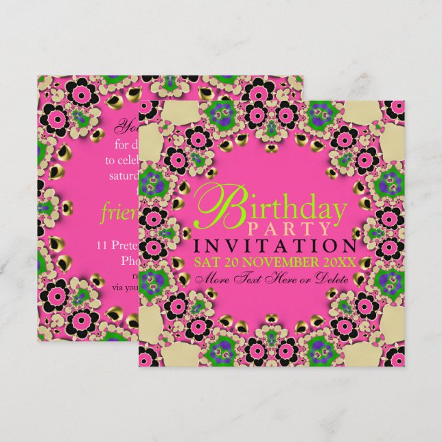 Hot Pink Fun Floral Birthday Party Invitations (Front/Back)