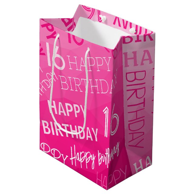 Hot pink Geometric Mesh Pattern birthday any age Medium Gift Bag (Front Angled)
