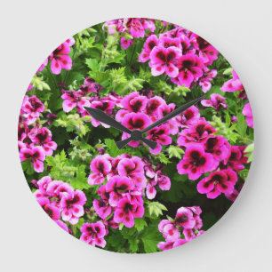 Hot Pink Geranium Flowers Growing On A Bush, Large Clock