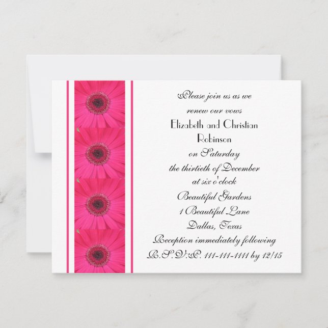 Hot Pink Gerbera Daisy on White Vow Renewal Invitation (Front)
