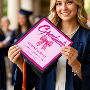Hot Pink Gingham Bow Graduation Cap Topper