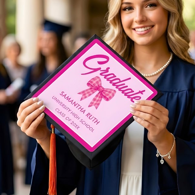 Hot Pink Gingham Bow Graduation Cap Topper (Creator Uploaded)