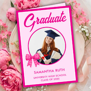Hot Pink Gingham Bow Photo Graduation Card