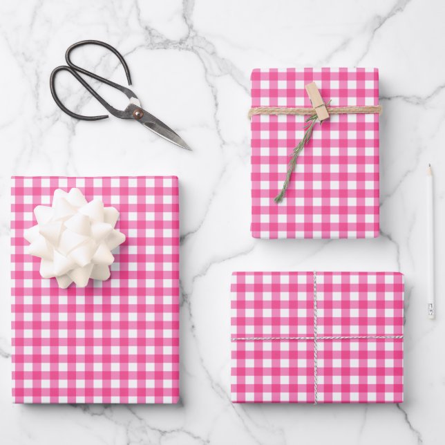 Hot Pink Gingham Check Pattern Wrapping Paper Sheet (Front)