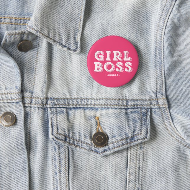 Hot Pink Girl Boss Retro Marquee Personalized 2 Inch Round Button (In Situ)