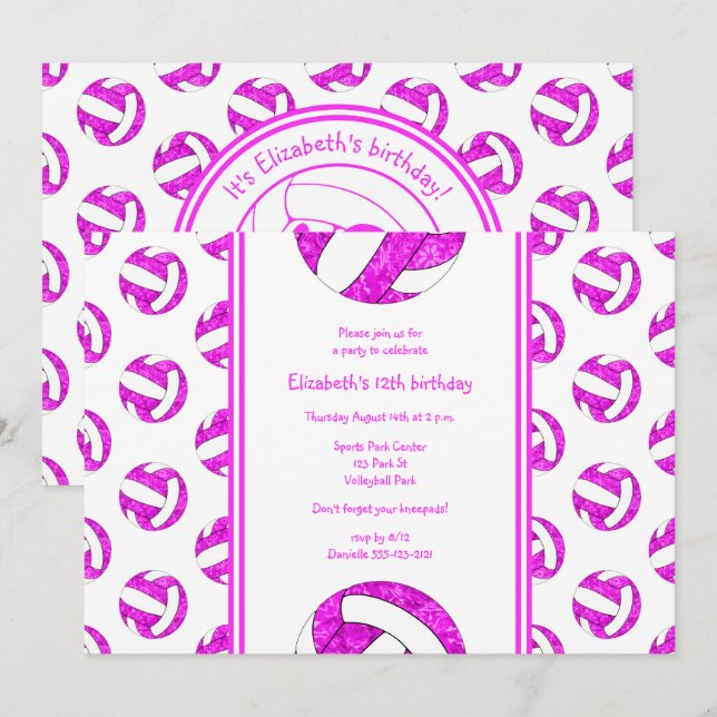 hot pink girls custom volleyball birthday party invitation (Front/Back)