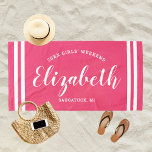 Hot Pink Girls Weekend Personalized Name Beach Towel<br><div class="desc">Personalized beach towel design for a girls' weekend vacation getaway features a custom first name in modern script writing framed by coastal stripes,  with custom text for the occasion. The hot pink background colour can be modified. Please visit our shop for other colour options.</div>