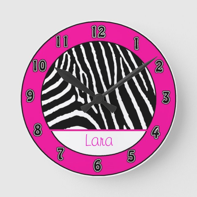 Hot Pink Girls Zebra Wall Clock with Name (Front)