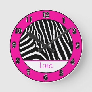 Hot Pink Girls Zebra Wall Clock with Name