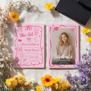 Hot Pink Girly Coquette Doodles photo graduation Invitation